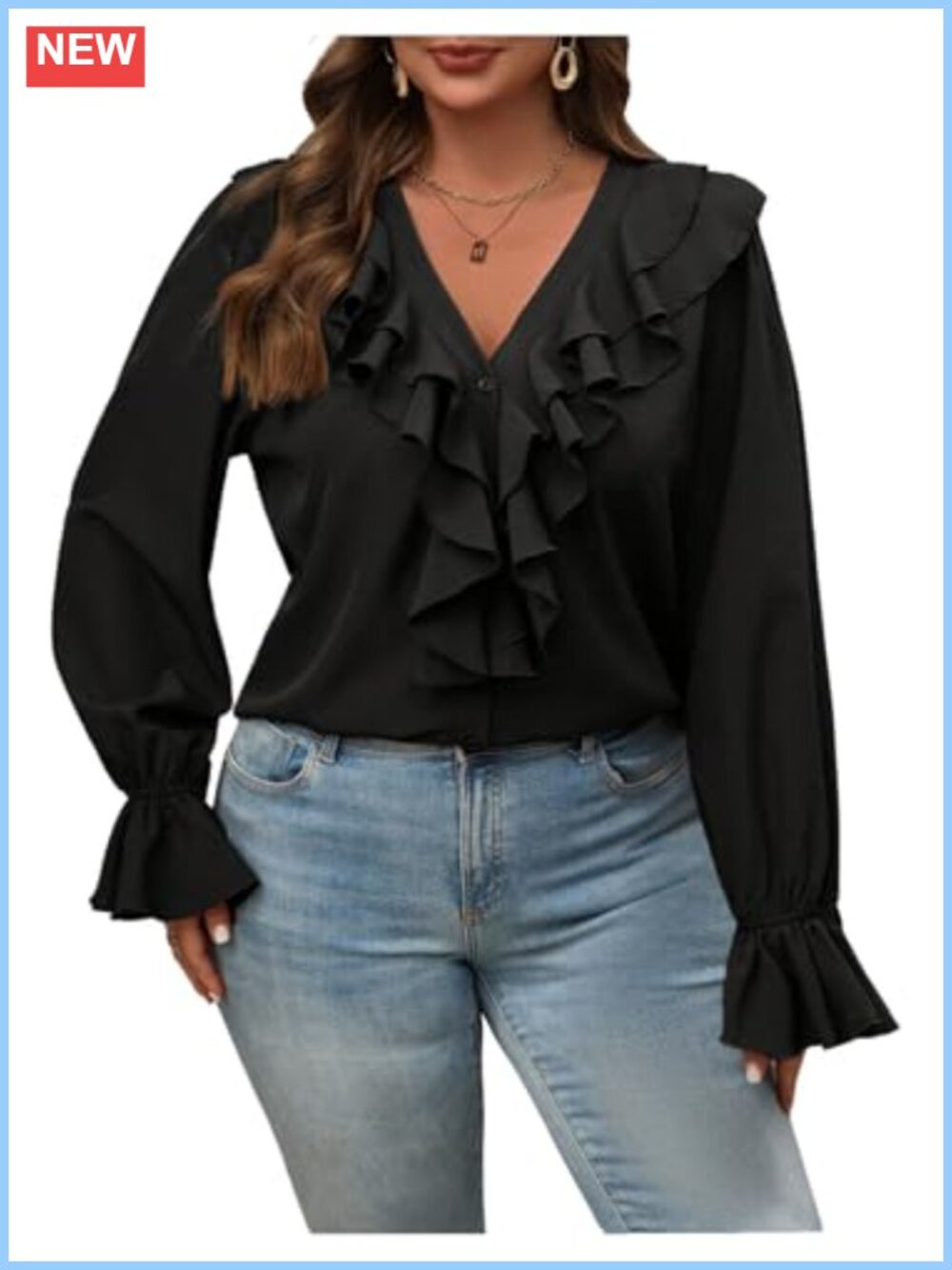 Plus Size Ruffle V Neck Button Down Blouse Flare Sleeve Office Top